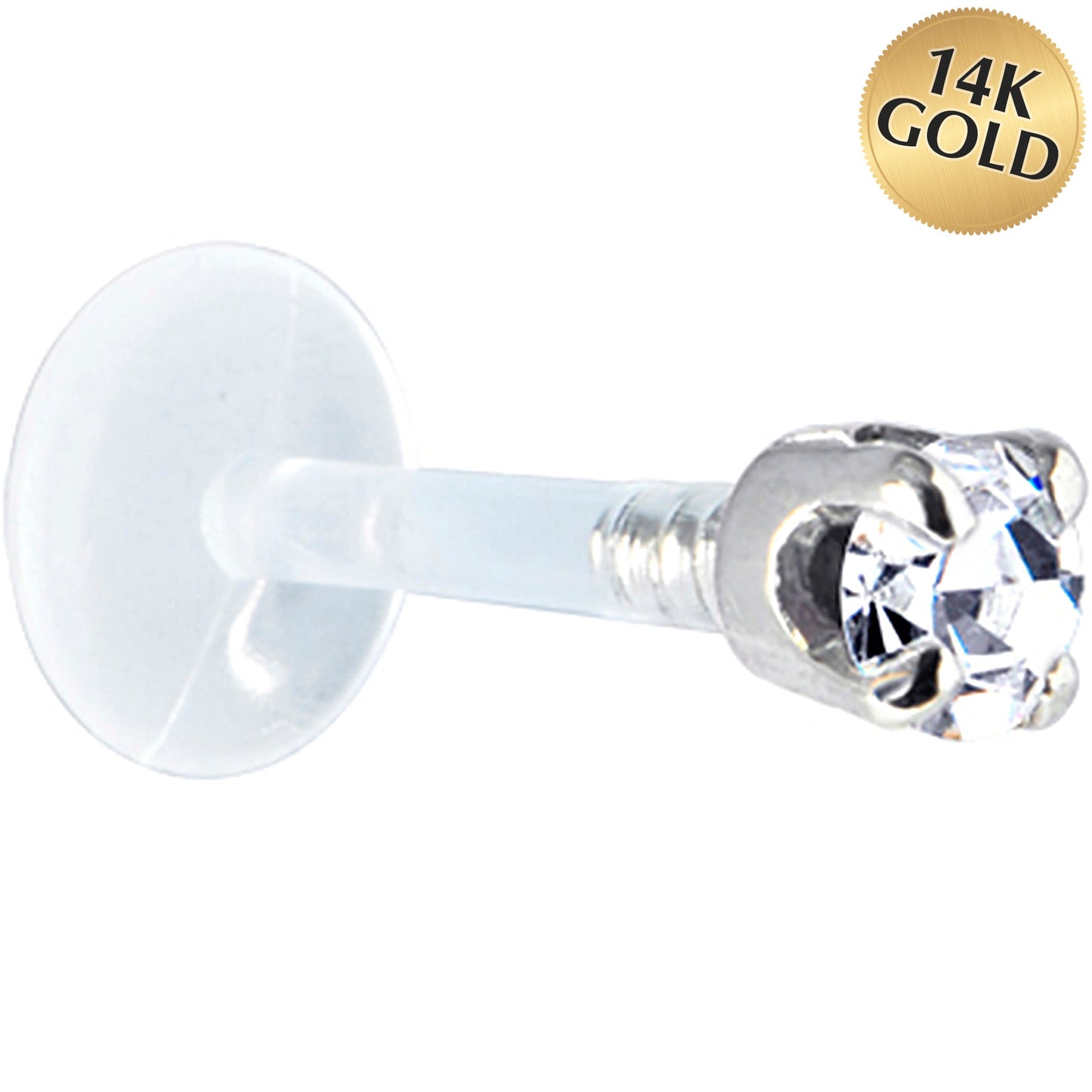 16G 1/4 Solid 14K White Gold 3mm Clear Cubic Zirconia Bioplast Tragus Earring Stud