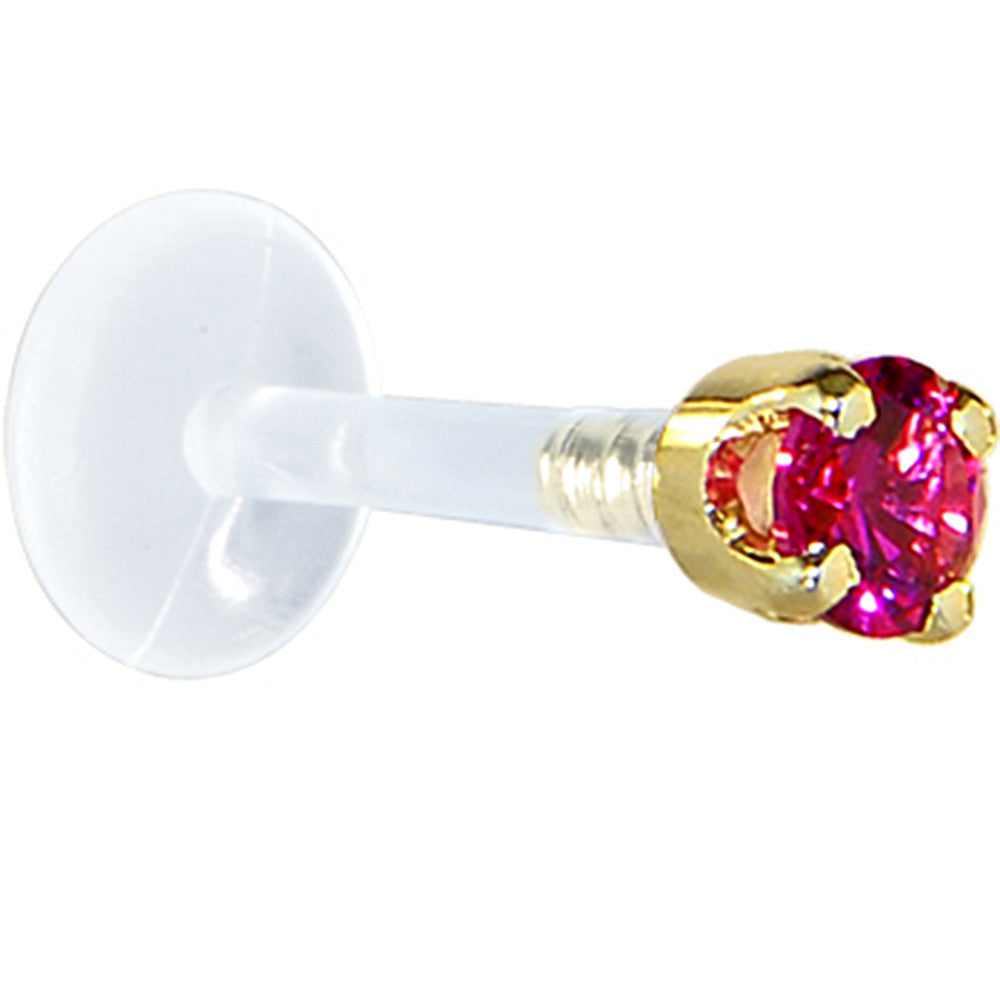 16G 1/4 Solid 14K Yellow Gold 3mm Red Cubic Zirconia Bioplast Tragus Earring Stud