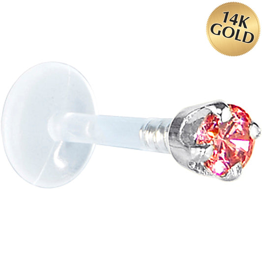16G 1/4 Solid 14K White Gold 3mm Salmon Cubic Zirconia Bioplast Tragus Earring Stud