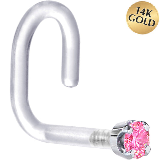 18G 1/4 White Gold 1.5mm Pink Cubic Zirconia Bioplast Nose Ring