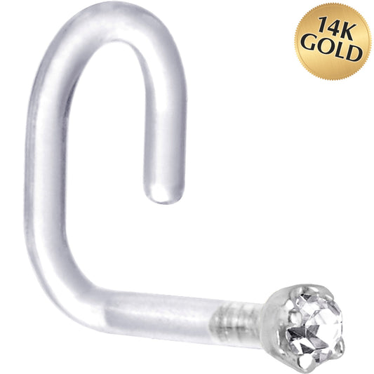 18G 1/4 White Gold 1.5mm Genuine Diamond Bioplast Nose Ring