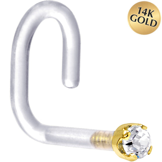 18G 1/4 Yellow Gold 1.5mm Clear Cubic Zirconia Bioplast Nose Ring