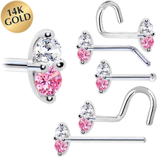 14k White Gold Pink 1.5mm CZ Marquise Nose Ring