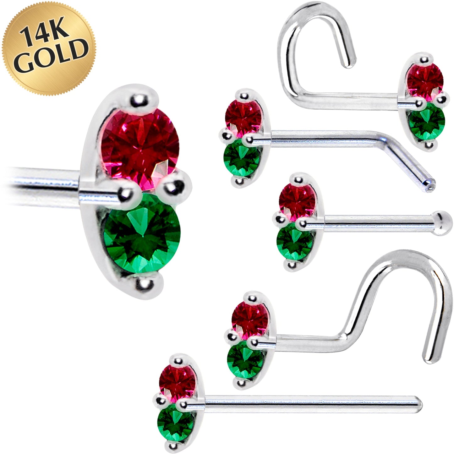 14k White Gold Red Green 1.5mm CZ Marquise Nose Ring
