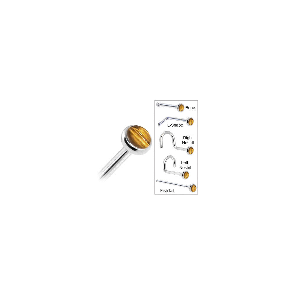 Solid 14K White Gold 2mm Tiger Eye Nose Ring