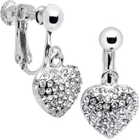 Silver Tone Tone Heart Rhinestone Clip On Earrings