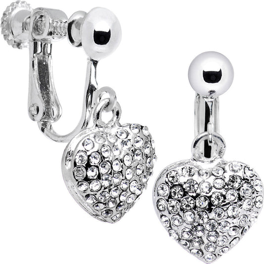 Silver Tone Tone Heart Rhinestone Clip On Earrings