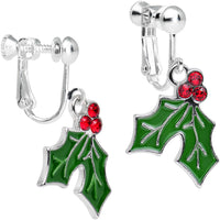 Holiday Holly Clip Dangle Earring Created with Crystals
