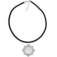 Handcrafted White Faux Opal Lotus Flower Love Velveteen Cord Necklace 16