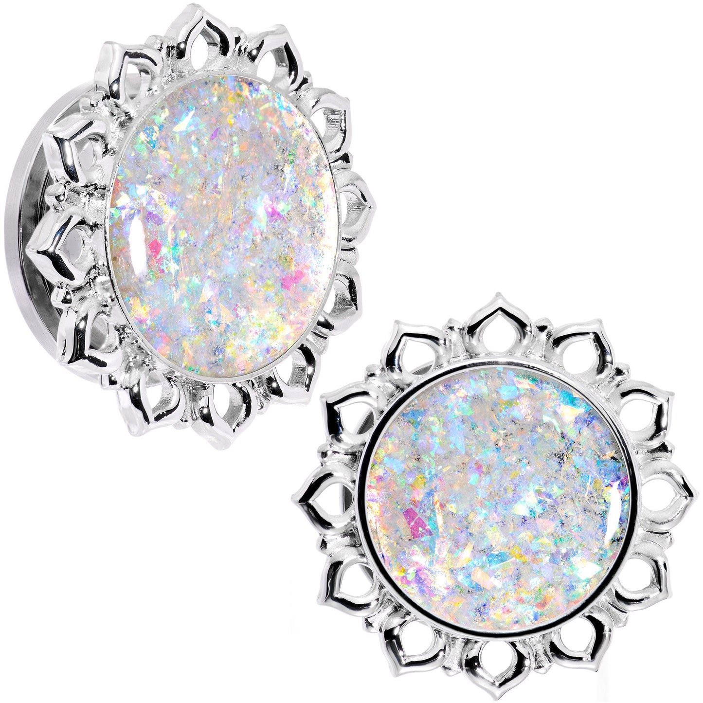 Handcrafted White Faux Opal Mandala Screw Fit Plug Set Sizes 8mm to 20mm