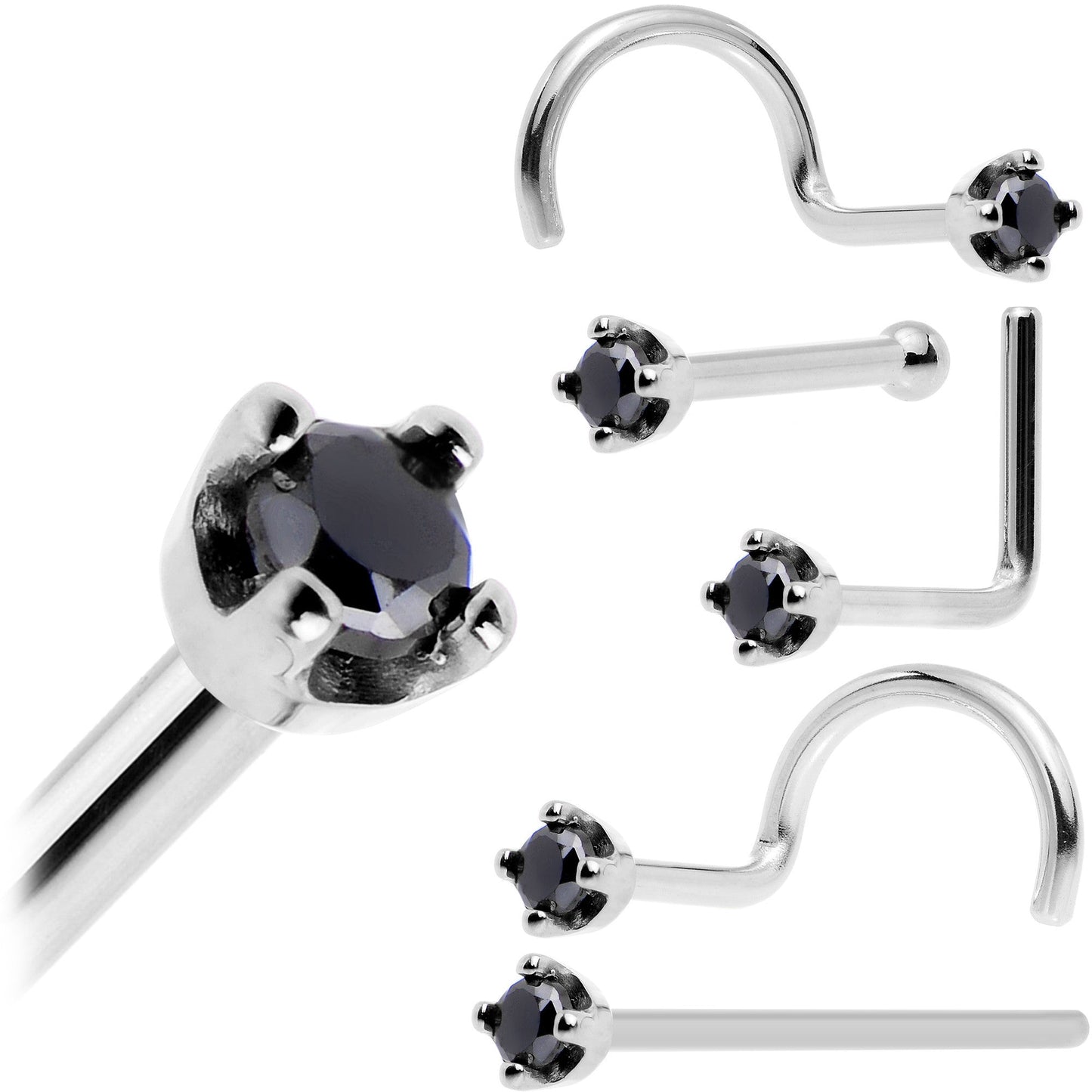 Solid 14K White Gold 1.5mm Genuine Black Diamond Nose Ring