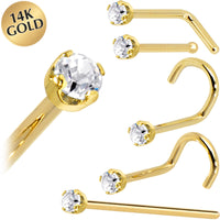 Solid 14K Yellow Gold 2mm Clear Cubic Zirconia Nose Ring