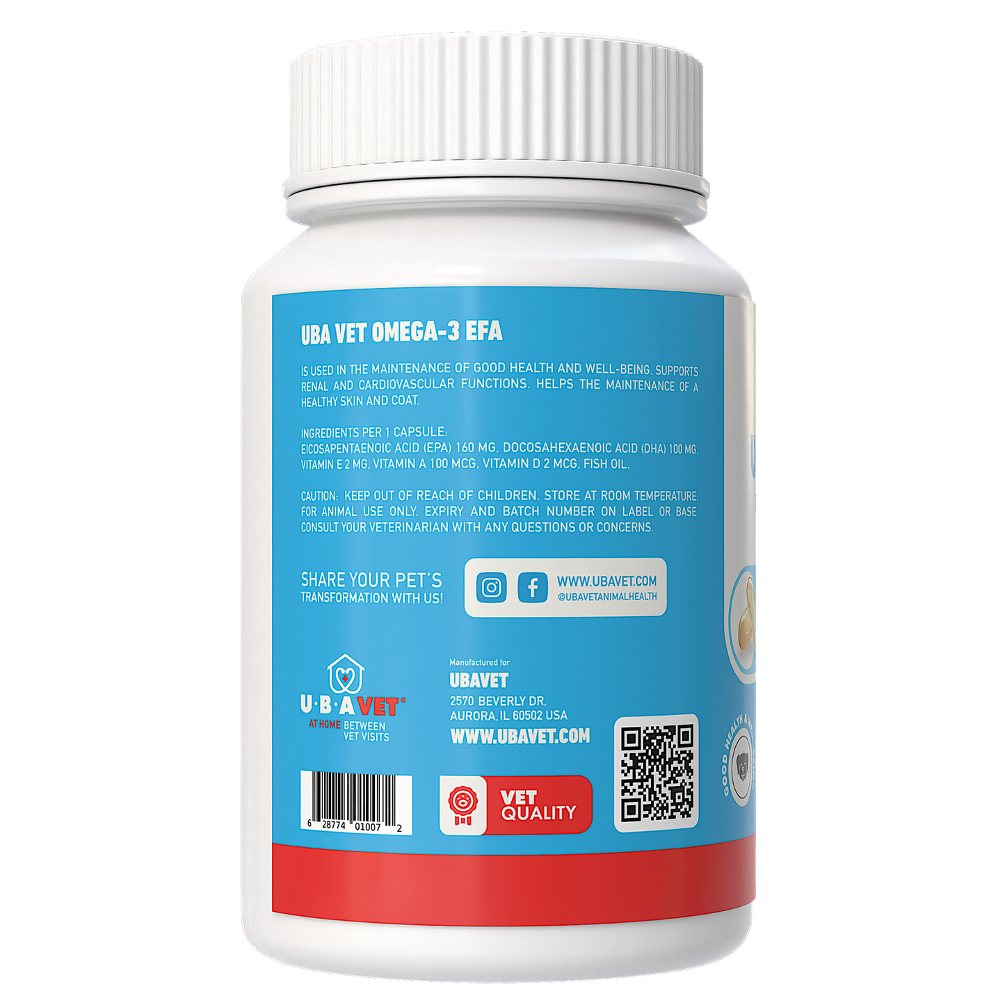 UBAVET Omega-3 Capsules 1000 mg – Skin, Coat & General Health Support for Dogs & Cats (120 ct)
