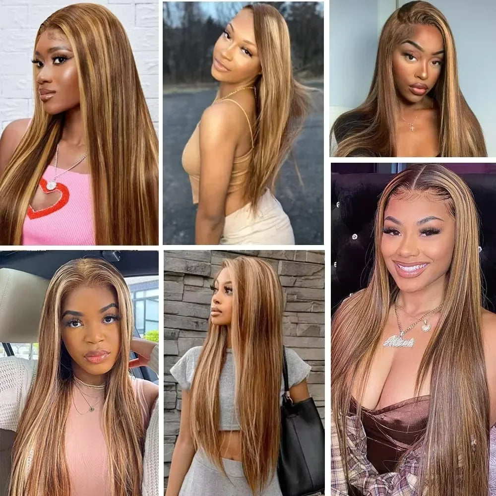 Highlight Ombre Colored Straight transparent HD Lace Frontal wig P427 13x6 Human Hair 200% 36 Inch brazilian wigs For Women
