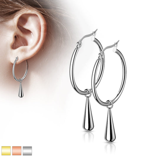 Stainless Steel Hoop Earrings with Teardrop Dangle