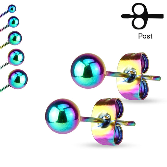 Rainbow IP 316L Stainless Steel Ball Stud Earrings 3mm to 7mm Sizes