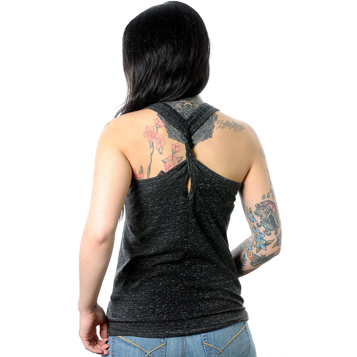 Crazy Piercings Lady Black Gray Cosmic Twist Back Tank Top