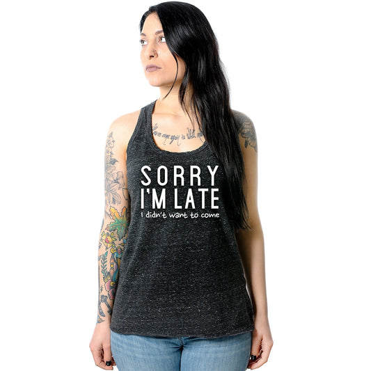 Sorry I'm Late, I Didn't Want To Come Black Gray Cosmic Twist Back Tank Top