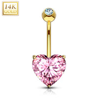 14k Solid Yellow Gold Prong Set Pink 6mm CZ Heart Belly Ring