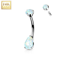14k Solid White Gold Double Prong Set Teardrop Synthetic Opal Belly Ring