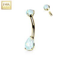14k Solid Yellow Gold Double Prong Set Teardrop Synthetic Opal Belly Ring