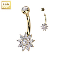 14k Solid Yellow Gold Cubic Zirconia Floral Flower Belly Ring