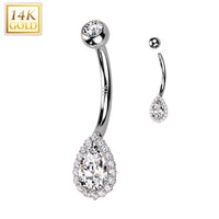 14k Solid White Gold Cubic Zirconia Deco Tear Drop Belly Ring