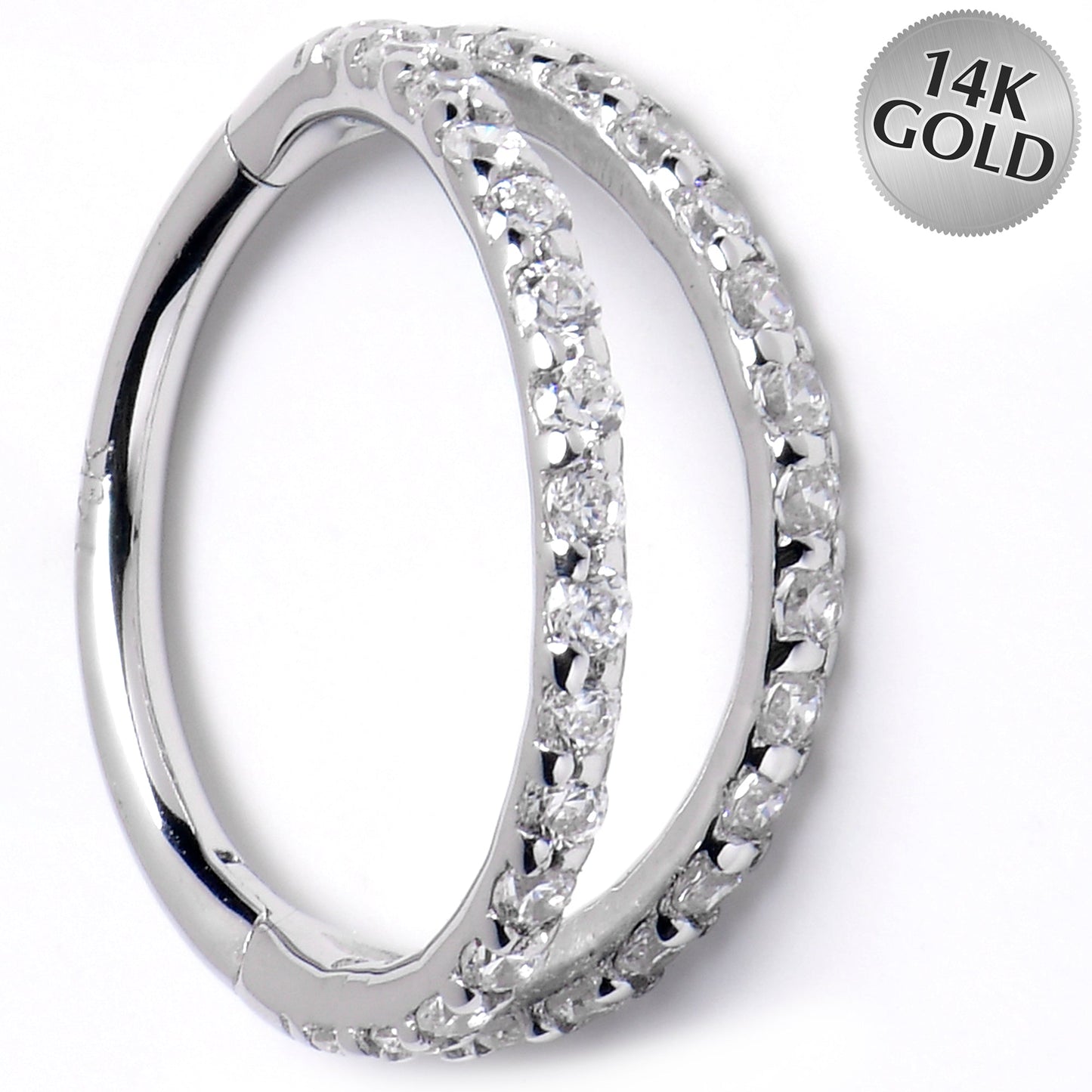 16G 3/8 Solid 14K White Gold Clear CZ Gem Hinged Segment Ring