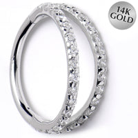 16G 3/8 Solid 14K White Gold Clear CZ Gem Hinged Segment Ring
