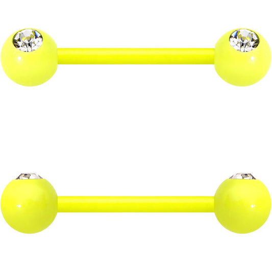 14G 5/8 Clear Gem Yellow Acrylic Over Steel Nipple Barbell Set