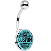 Custom Teal Mandala Personalized Name Belly Ring