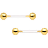 9/16 Clear Bioplast Barbell Gold Tone Push In Ball Nipple Ring Set