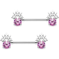 9/16 Pink Gem Heavenly Tree of Life Barbell Nipple Ring Set