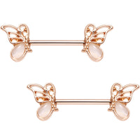 Pink Gem Rose Gold Anodized Butterfly Frame Barbell Nipple Ring Set