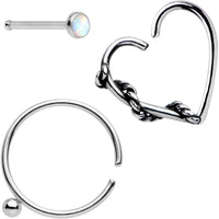20G White Faux Opal Nose Bone Heart Closure Ring Pack Set of 3