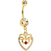 Clear Red CZ Gem Gold Anodized Bow Heart Dangle Belly Ring