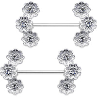 19mm Clear Gem Trio Poppy Flower Barbell Nipple Ring Set