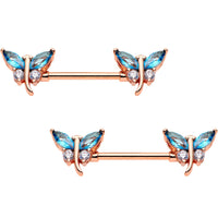 9/16 Aqua Gem Rose Gold PVD Double Dragonfly Barbell Nipple Ring Set