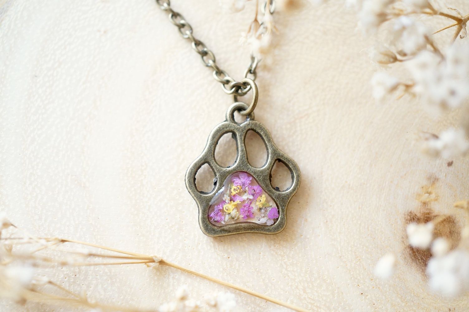 Real Dried Flowers in Resin Necklace, Dog Paw in Pink Yellow White - Jaico Online Shop