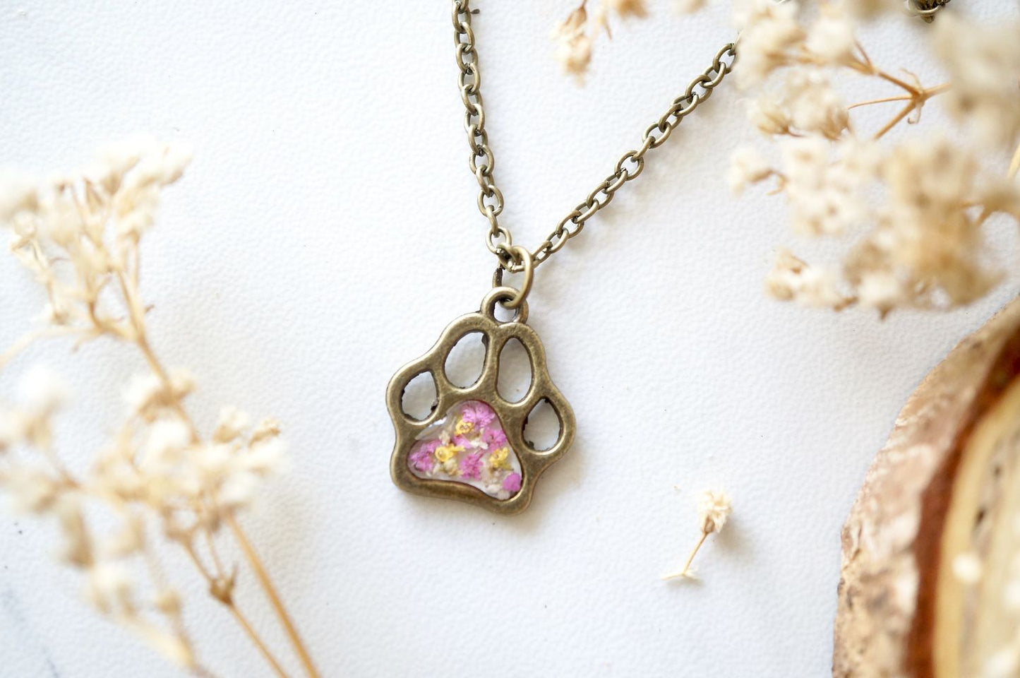 Real Dried Flowers in Resin Necklace, Dog Paw in Pink Yellow White - Jaico Online Shop