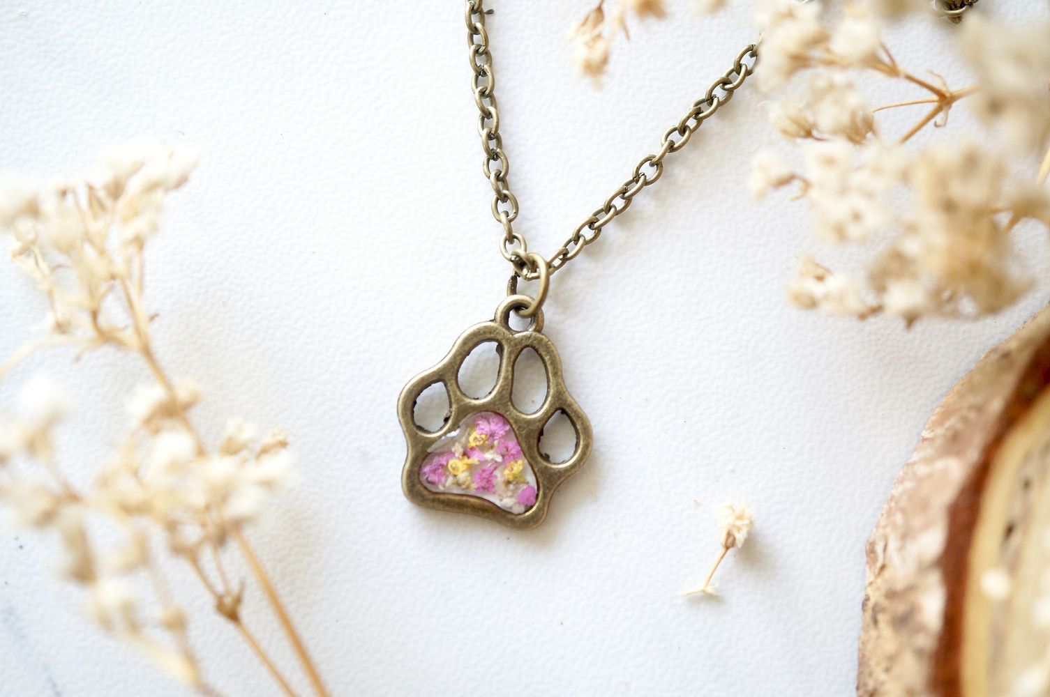 Real Dried Flowers in Resin Necklace, Dog Paw in Pink Yellow White - Jaico Online Shop