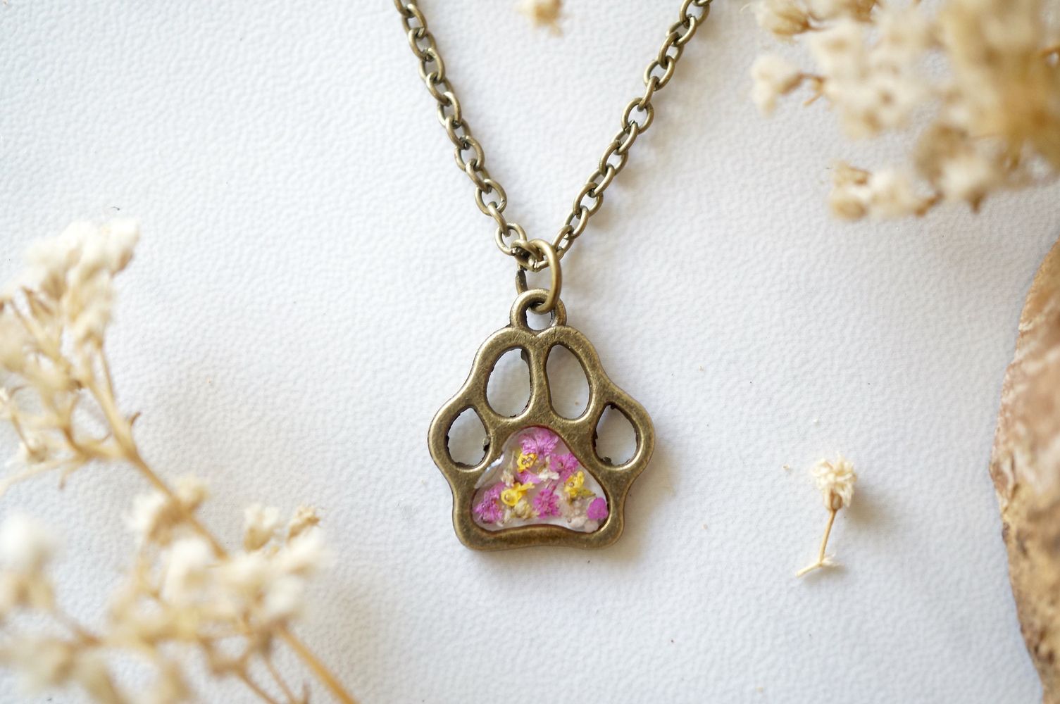 Real Dried Flowers in Resin Necklace, Dog Paw in Pink Yellow White - Jaico Online Shop