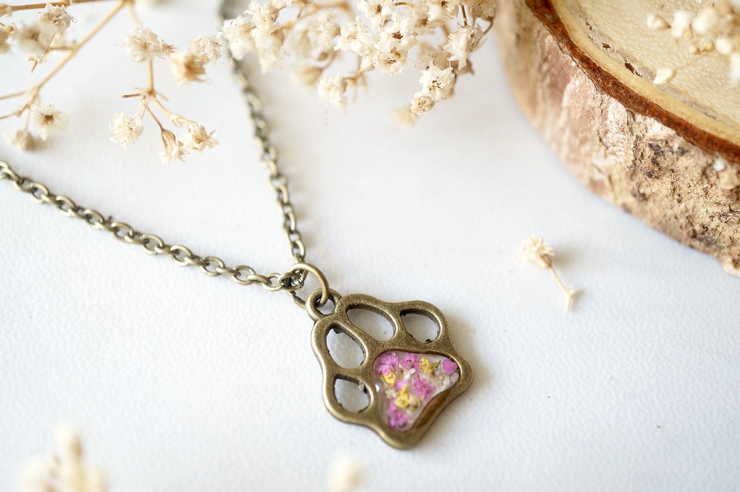Real Dried Flowers in Resin Necklace, Dog Paw in Pink Yellow White - Jaico Online Shop