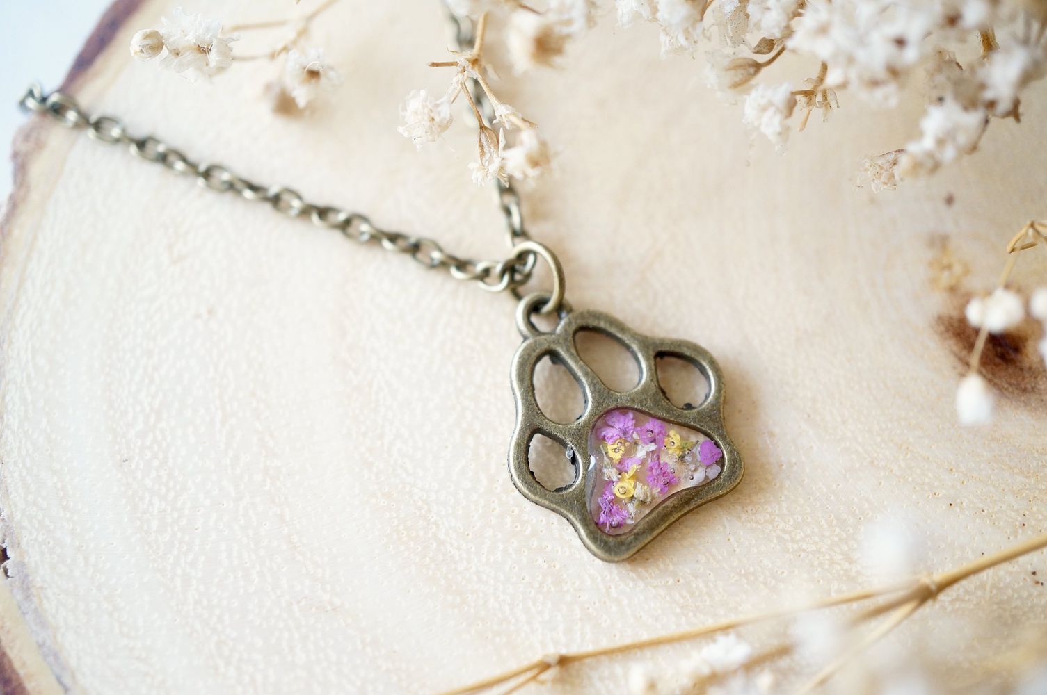 Real Dried Flowers in Resin Necklace, Dog Paw in Pink Yellow White - Jaico Online Shop