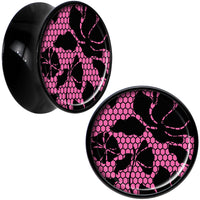 Black Acrylic Pink Floral Lace Saddle Plug Set 5/8