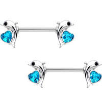 5/8 Aqua Gem Dolphin Lovers Barbell Nipple Ring Set