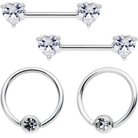 14G 9/16 Clear Gem Heart Captive Ring Barbell Nipple Ring Set