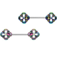 9/16 Clear Gem Iridescent Rainbow Flower Barbell Nipple Ring Set