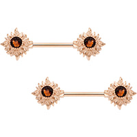 Brown Gem Chocolate Sunshine Rose Gold Tone Barbell Nipple Ring Set