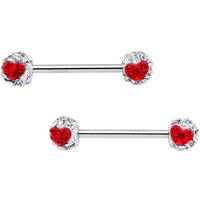 5/8 Clear Red CZ Gem Two Tone Heart Barbell Nipple Ring Set